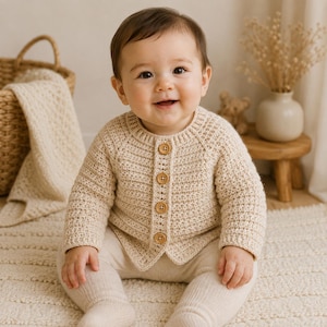 Könnte beinhalten: Eine beigefarbene, langärmelige Häkelstrickjacke mit Rundhalsausschnitt und vier hellbraunen Holzknöpfen auf der Vorderseite. Das Kleidungsstück hat ein strukturiertes Maschenbild und wird über einer passenden beigen Leggings getragen.