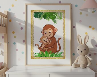 May include: A framed wall art print featuring a cartoon illustration of a brown monkey holding a smaller baby monkey. The artwork is bordered by a yellow geometric pattern and decorated with green tropical palm leaves at the top and bottom.