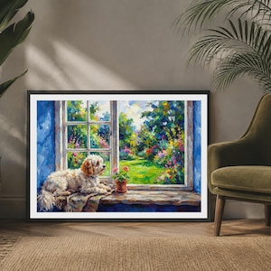 May include: A framed wall art print depicting an impressionistic oil painting of a small, light-coloured dog with brown ears resting on a windowsill. The scene shows a view through a window into a vibrant, colourful garden with green foliage.
