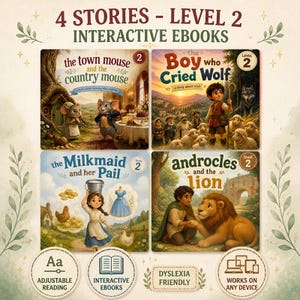 May include: A collection of four interactive level 2 ebooks featuring the stories The Town Mouse and the Country Mouse, The Boy Who Cried Wolf, The Milkmaid and her Pail, and Androcles and the Lion. Includes icons for adjustable reading, dyslexia friendly text, and device compatibility.