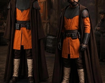 May include: A costume set featuring a long brown hooded cloak, an orange tunic, dark brown trousers, and a black chest plate. The outfit includes a utility belt with pouches, dark brown gloves, and light-colored leg wraps worn over dark boots.