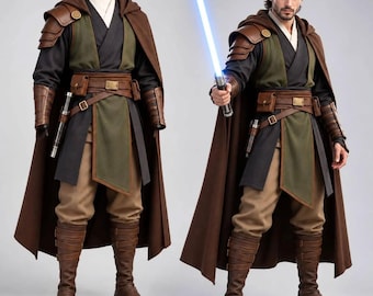 May include: A costume featuring a brown hooded cloak, a dark gray tunic with an olive green tabard, tan trousers, and brown leather-like armor pieces including shoulder pauldrons, forearm bracers, a utility belt with pouches, and tall strapped boots.