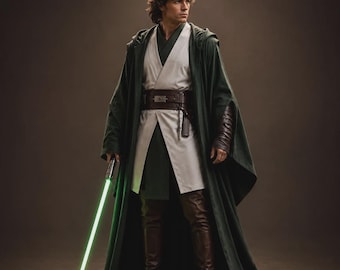 May include: A costume featuring a dark green hooded robe worn over a white tunic and dark green under-tunic. The outfit includes a brown leather belt with a metallic buckle, brown leather boots, and a glowing green lightsaber held in one hand.