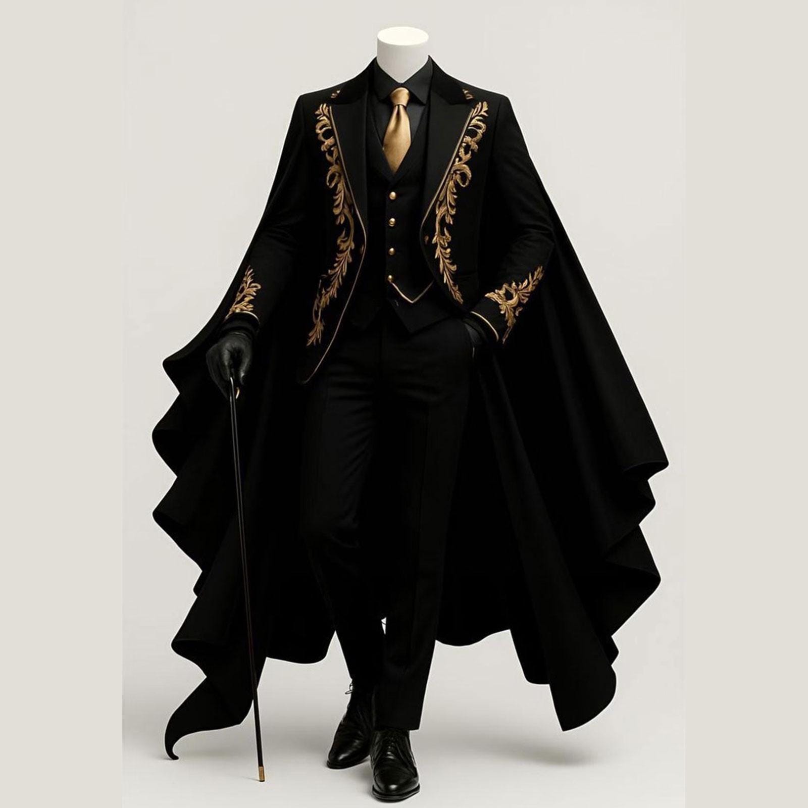 Luxury Black Velvet Embroidered Suit with Cape, Gold Floral Gothic Tuxedo - Gift for Him