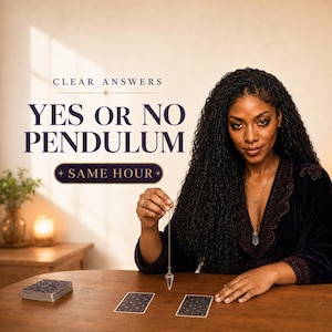 May include: A clear crystal pendulum on a gold chain held above a wooden table with three tarot cards. Text reads: CLEAR ANSWERS, YES OR NO PENDULUM, SAME HOUR. The pendulum is a faceted, pointed stone, and the cards feature a dark blue star pattern.