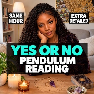 May include: A purple crystal pendulum on a gold chain rests on a circular wooden board with celestial engravings. Nearby are two lit candles, a deck of tarot cards, and a small bowl of crystals. Text reads: SAME HOUR, EXTRA DETAILED, YES OR NO PENDULUM READING.