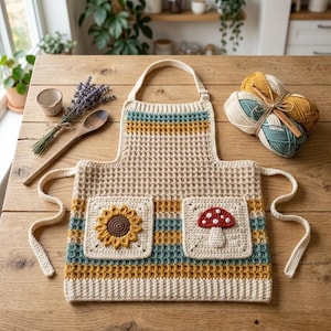 May include: A cream-colored crochet apron featuring a waffle stitch pattern with horizontal stripes in mustard yellow and teal. The apron has two square pockets, one displaying a sunflower motif and the other a red and white mushroom design.