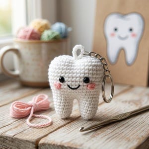 以下が含まれることがあります： 黒いビーズの目、刺繍された黒い口元、ピンクの頬が特徴の白いかぎ針編みの歯のキーホルダー。ぬいぐるみのような歯の上部には金属製のキーリングが付いています。近くには銀色のかぎ針とピンクの毛糸が置かれています。