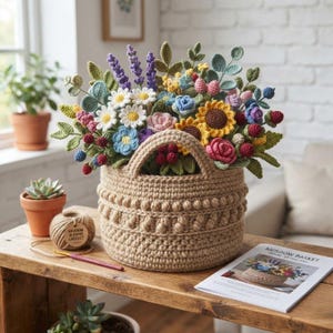 Puede incluir: Una cesta redonda de ganchillo color canela llena de un vibrante ramo de flores tejidas, incluyendo girasoles, margaritas, lavanda y rosas. La cesta presenta un patrón texturizado de puntos garbanzo y un asa resistente de hilo.