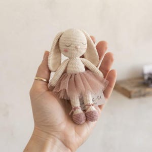 Puede incluir: Una pequeña muñeca de conejo tejida a ganchillo en color crema con orejas largas, ojos cerrados y mejillas rosadas. El conejo lleva un tutú de tul color rosa empolvado con brillos sutiles y zapatos tejidos a juego con cintas. Incluye una etiqueta.