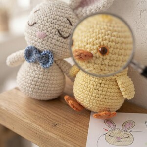 May include: A cream-colored crochet bunny with a blue bow tie and a yellow crochet chick viewed through a magnifying glass. A printed instruction sheet with a drawing of a bunny head and the text R4: Inc, sc around (8) is visible below.