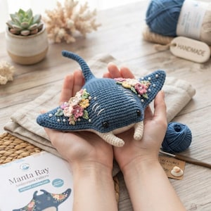 Floral Stingray Crochet Pattern - Step-by-Step Amigurumi Ocean Animal DIY Tutorial, Handmade Blue Manta Ray with Flowers