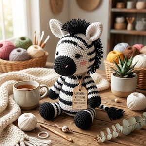 Può includere: Un peluche a forma di zebra realizzato all'uncinetto con strisce bianche e nere, criniera nera e coda nera. Un'etichetta in cartone color cuoio pende dal collo con il testo: HANDMADE WITH LOVE IN PAKISTAN - BY HIRA'S CREATIONS EST. 2024.