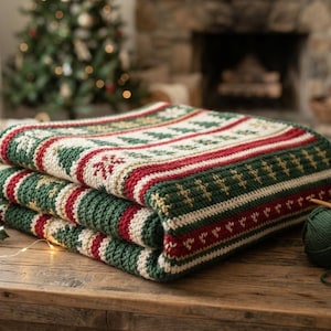 Peut inclure: Une couverture en crochet pliée présentant un motif répétitif de sapins de Noël, de flocons de neige et de rayures horizontales en fil vert foncé, crème et rouge. Une pelote de laine vert foncé avec un crochet en bois est posée à côté.