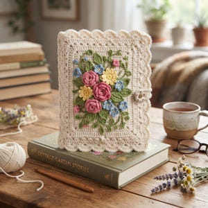 May include: A cream-colored crochet book cover featuring a central floral arrangement of pink roses, yellow daisies, and blue forget-me-nots with green leaves. The cover has a scalloped edge and a small decorative button closure on the side.
