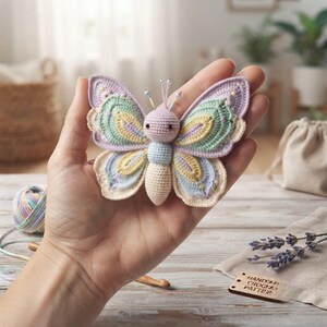 May include: A crocheted butterfly ornament featuring a pastel colour palette of lavender, mint green, pale yellow, and cream. The butterfly has a round head with two antennae topped with small beads, a segmented body, and intricate wing patterns.