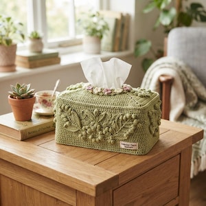 Può includere: Una copertura rettangolare all'uncinetto per scatola di fazzoletti color verde salvia con intricati motivi floreali e di foglie in rilievo, piccoli accenti di fiori rosa e bianchi e un'etichetta rettangolare Botanical Charm Handmade.