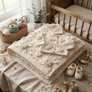 May include: A cream-colored crochet baby set featuring a blanket, a long-sleeve cardigan with buttons, a bonnet, and a pair of Mary Jane shoes. Each piece is decorated with intricate three-dimensional floral motifs and a scalloped edge design.