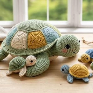 Könnte beinhalten: Eine große, gehäkelte, salbeigrüne Schildkröte mit einem mehrfarbigen Panzer in Blau-, Creme- und Senfgelbtönen, begleitet von vier kleineren gehäkelten Schildkröten in verschiedenen Farben. Ein braunes Etikett trägt die Aufschrift HANDMADE WITH LOVE.