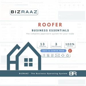 Könnte beinhalten: Ein digitales Vorlagenset mit dem Titel Roofer Business Essentials von Bizraaz. Es zeigt ein dunkelblaues Haussymbol, Text mit 13 Vorlagen, 3 kostenlosen Boni, 100% bearbeitbar und Edit in Canva Free. Enthält Symbole für Dokumente und einen Download-Button.