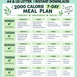 May include: A 2000 calorie 7-day meal plan chart with a white background and green accents. The document lists daily breakfast, lunch, dinner, and snack options from Monday to Saturday. Text includes A4 & US LETTER, 2000 CALORIE 7-DAY MEAL PLAN.
