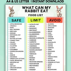 May include: A rabbit food guide chart titled WHAT CAN MY RABBIT EAT FOOD LIST with three columns labelled SAFE, LIMIT, and AVOID. The chart features illustrations of two rabbits and lists various food items categorised by safety for rabbit consumption.