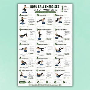 Puede incluir: Un póster instructivo blanco titulado BOSU BALL EXERCISES FOR WOMEN que presenta quince ilustraciones numeradas de una persona realizando varios movimientos de fitness sobre una pelota Bosu azul, incluyendo sentadillas, flexiones, planchas y estocadas con texto.