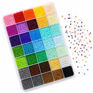 May include: A rectangular clear plastic storage container divided into thirty-five individual compartments, each filled with small, round seed beads in a wide spectrum of colors including red, orange, yellow, green, blue, purple, brown, and black.