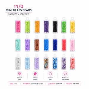 Könnte beinhalten: Einundzwanzig durchsichtige Kunststoffröhrchen gefüllt mit 11/0 Mini-Glasperlen in verschiedenen einfarbigen und mehrfarbigen Tönen. Der Text 11/0 MINI GLASS BEADS 2000PCS 10G/PIPE steht oben, weitere Produktdetails finden sich unten im Bild.