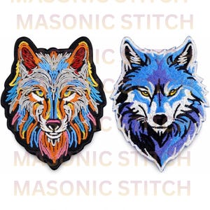 Set of 2 Wolf Embroidered Patches – Blue Realistic & Colorful Tribal – Sew-On or Iron-On Back Patches for Jackets, Vests