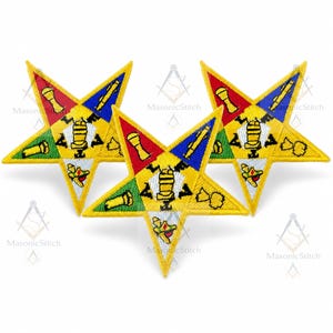 3Pcs Order of the Eastern Star Embroidered Patch, Gold OES Masonic Emblem, Five Point Star Applique, Fraternal Jacket Vest Patch