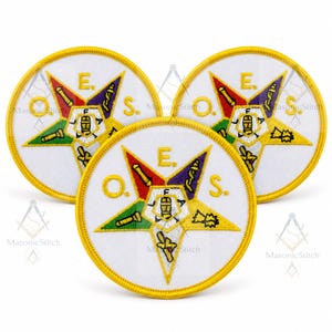 3Pcs Order of the Eastern Star Round Embroidered Patch, OES Masonic Emblem, Gold Border Fraternal Applique for Jacket Vest or Bag