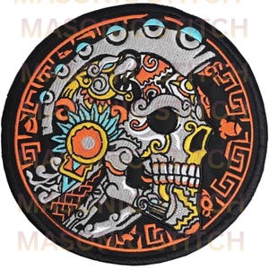 Aztec Skull Embroidered Patch – Inspired Iron-On Patch – Vibrant Mexican Day of The Dead Skull Design for Jackets, Backpacks, Vests