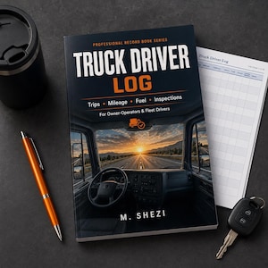 Könnte beinhalten: Ein LKW-Fahrer-Logbuch mit dunklem Einband, das eine Sicht aus dem Führerhaus bei Sonnenuntergang zeigt. Der Text lautet Professional Record Book Series, Truck Driver Log, Trips, Mileage, Fuel, Inspections, For Owner-Operators & Fleet Drivers.