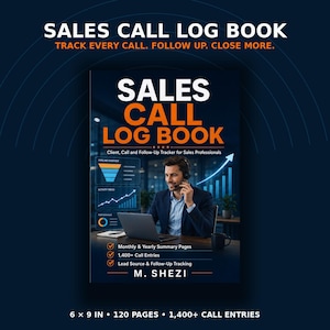 May include: A Sales Call Log Book with a dark blue cover featuring a professional using a headset and laptop. The cover displays the title, "Client, Call and Follow-Up Tracker for Sales Professionals," "M. Shezi," and notes 1,400+ call entries, 6 x 9 in, 120 pages.
