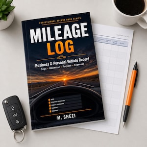 May include: A mileage log book with a dark cover featuring a sunset road scene, the text "MILEAGE LOG", "Business & Personal Vehicle Record", and "M. SHEZI". The cover includes fields for date, odometer readings, purpose, and distance.