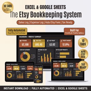 Etsyセラー向け簿記スプレッドシート、小規模ビジネス会計、Excel、Googleスプレッドシート、収入支出トラッカー、利益税、Printify、Printful
