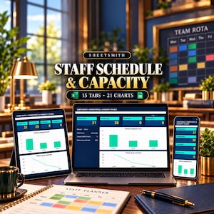 Può includere: Un dashboard digitale per la pianificazione e la capacità del personale visualizzato su un laptop, un tablet e uno smartphone. Lo schermo mostra grafici e dati con le etichette Sheetsmith, Staff Schedule & Capacity, 15 Tabs, 21 Charts.