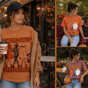 May include: A collection of t-shirts in various colors featuring a graphic print of a pumpkin-headed figure, a skeleton, and a ghost walking together. The text LILYSMOCKUP and FASHIONABLE is printed on the shirts. The image includes text Comfort Colors 1717 Mockup PSD | PNG 8 Colors.