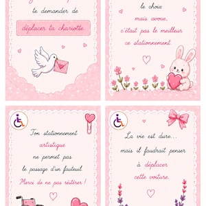 May include: Four rectangular cards with a pink background and white lace borders. Each card features a disability access symbol, heart illustrations, and French text. The designs include a dove, a rabbit, a wheelchair, and floral accents.