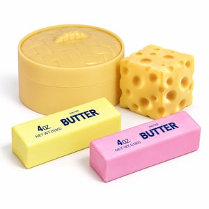 Könnte beinhalten: Ein gelber runder Behälter mit Deckel und Webstruktur, ein gelber Würfel mit kreisförmigen Löchern, ein gelber rechteckiger Riegel mit der Aufschrift 4 OZ. NET WT. (113G) SALTED BUTTER und ein rosa Riegel mit der Aufschrift 4 OZ. NET WT. (113G) SALTED BUTTER.