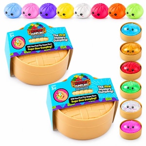May include: Two beige plastic dumpling steamer containers with blue packaging labeled The Original Mystery Dumpling Sugar Bear Edition. Eight colorful dumpling toys are arranged above and to the right, featuring various colors and glittery textures.