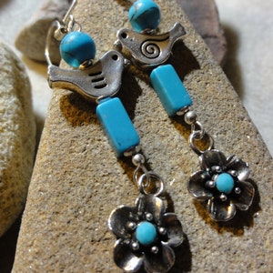 Silver Birds with Turquoise Flowers Earrings