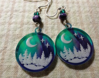 Pine Trees in Snow with Moon and Stars Acrylic Earrings