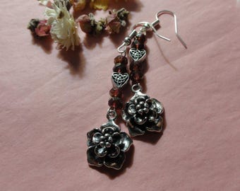 Silver Flower with Red Crystals Earrings