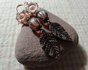 Copper Leaf and Flower Earrings