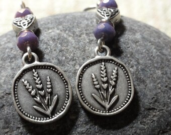 Silver Lavender Earrings with Celtic Heart and Purple Beads