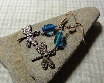 Copper Dragonfly Dangle Earrings with Blue Crystal Beads