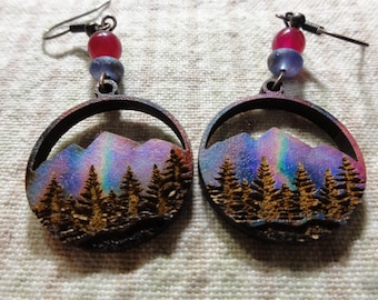 Wooden Earrings with Pink Northern Lights