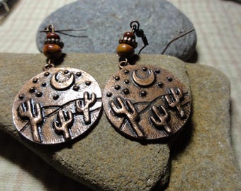 Copper Earrings:  Desert at Night with Moon and  Stars